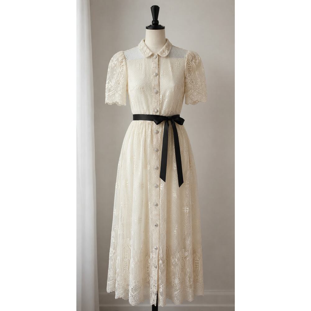 Vintage Fine Lace Dress 4 To 6 1960s With Satin Slip Rhinestone Buttons